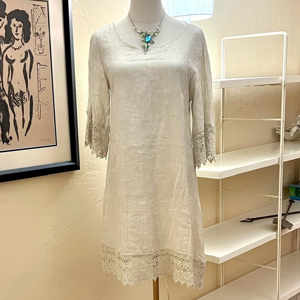 Stella Rosa,Italy,Soft Cream Linen Dress,Crochet Cuff & Hem,Lagenlook, Size XS
